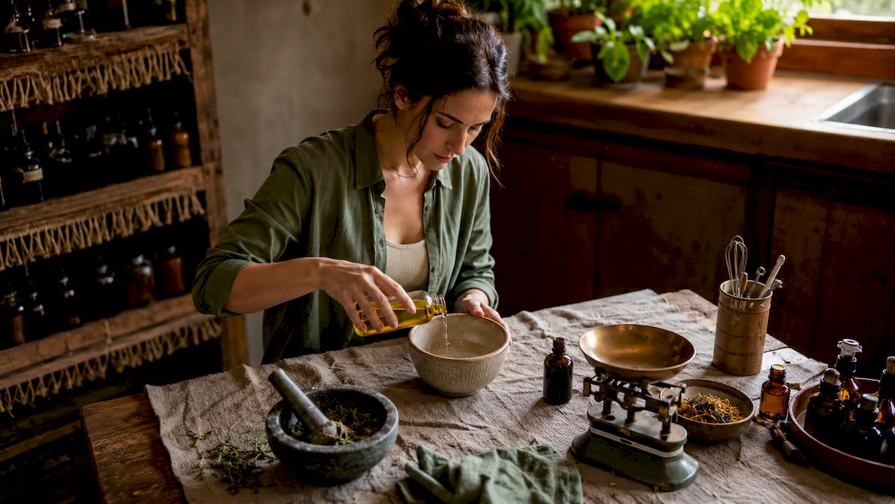 Skincare formulator pouring botanical oil in home lab