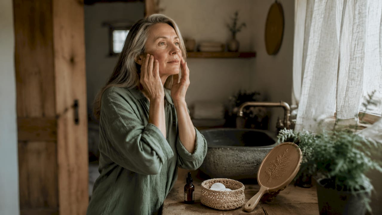 Mature woman applying facial oil at vanity