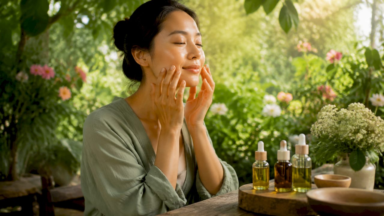 Woman applying natural oil in kitchen