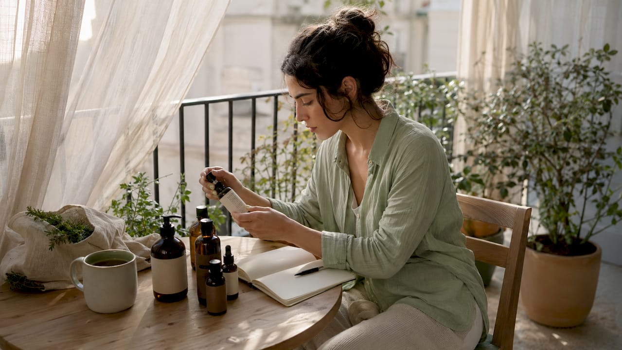 Lebanese woman checking clean beauty skincare labels at home