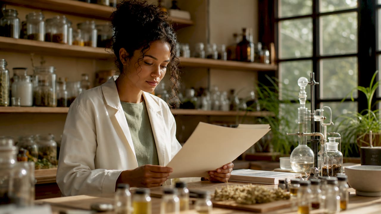 Cosmetic chemist reviewing natural ingredient document