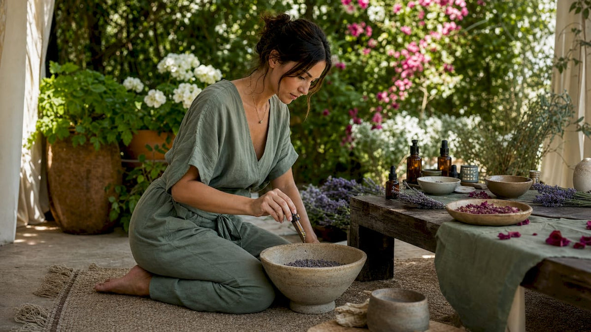 Specialist pouring lavender essential oil for skincare
