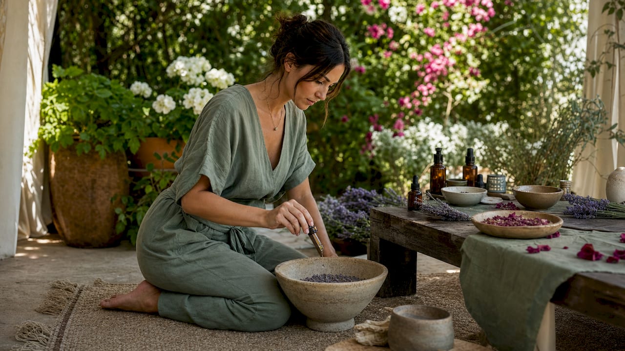 Specialist pouring lavender essential oil for skincare