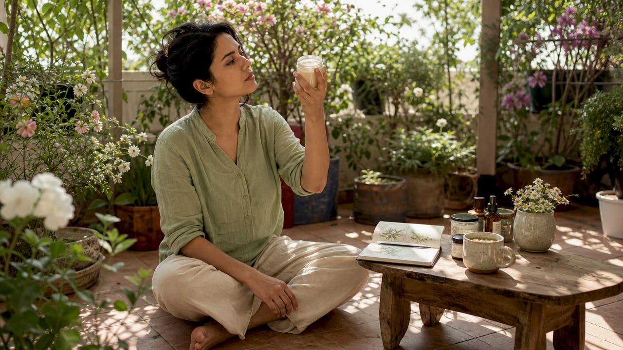 Woman examining natural skincare jar by window