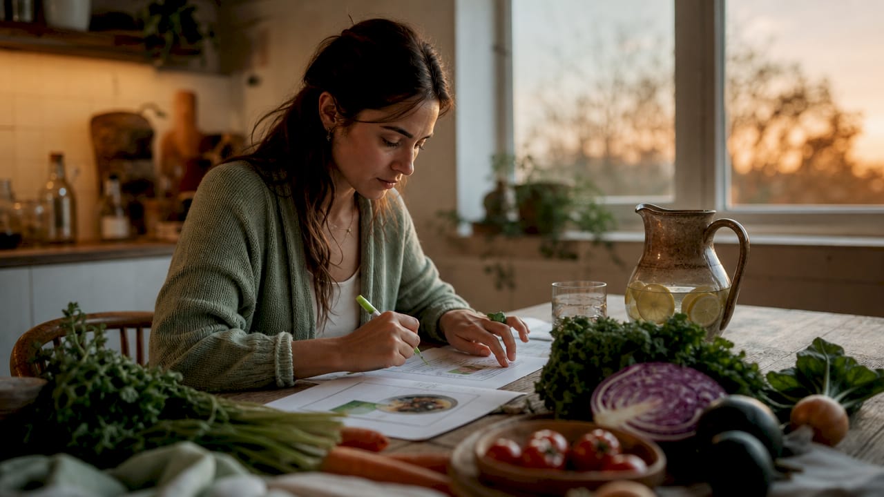 Woman researching gut and skin health on tablet