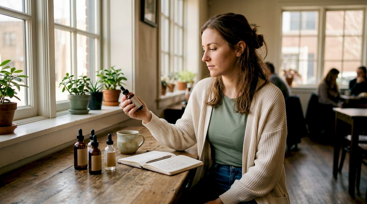 Woman comparing natural skincare products at kitchen table