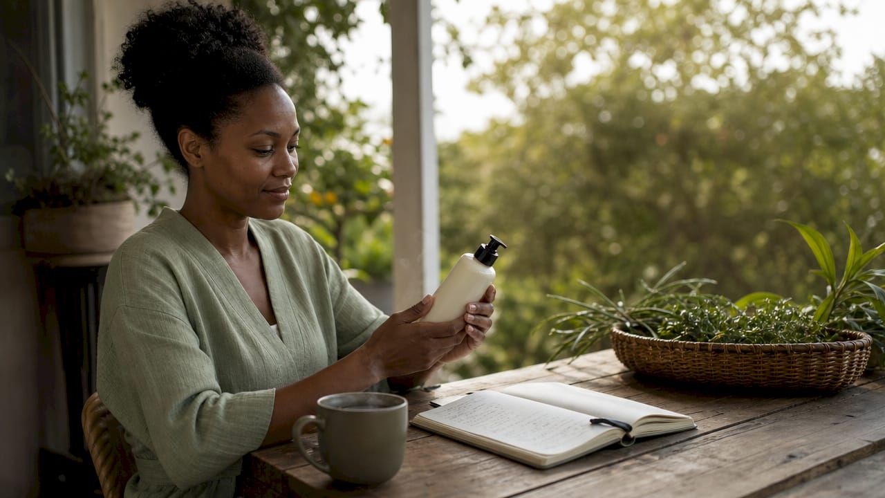Woman examining clean beauty skincare label