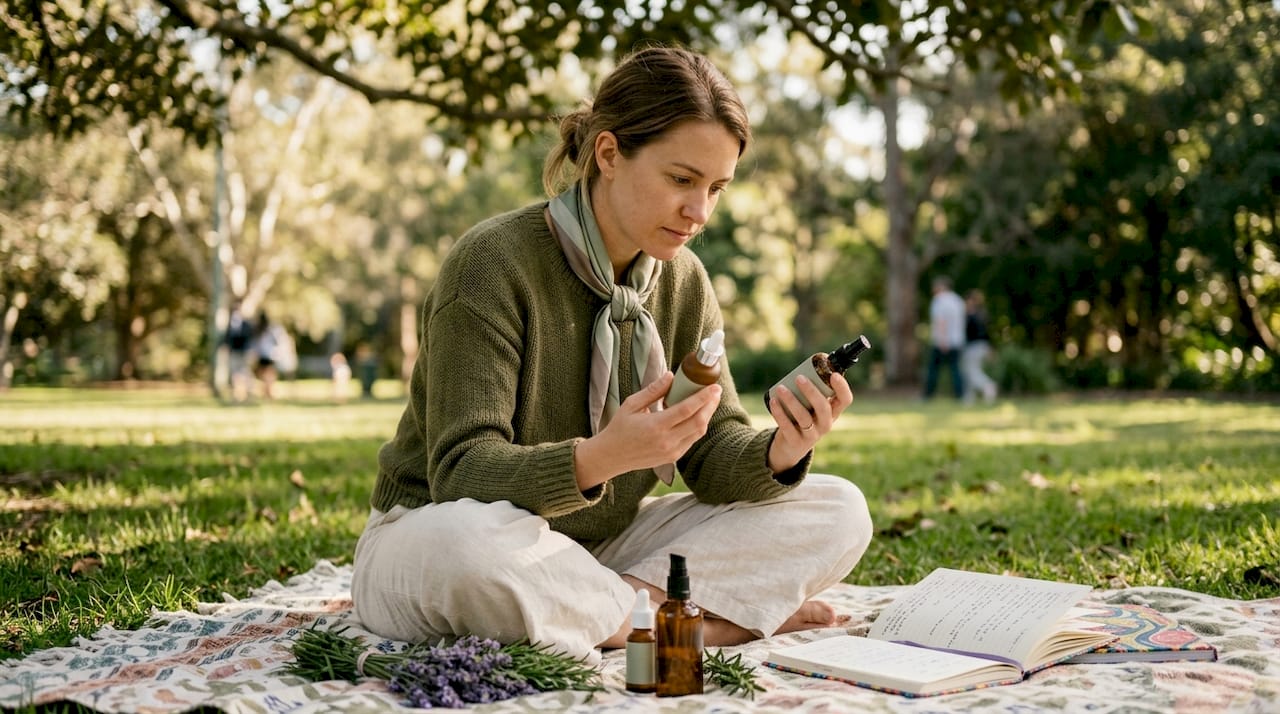 Woman comparing eco-friendly skincare products at kitchen table