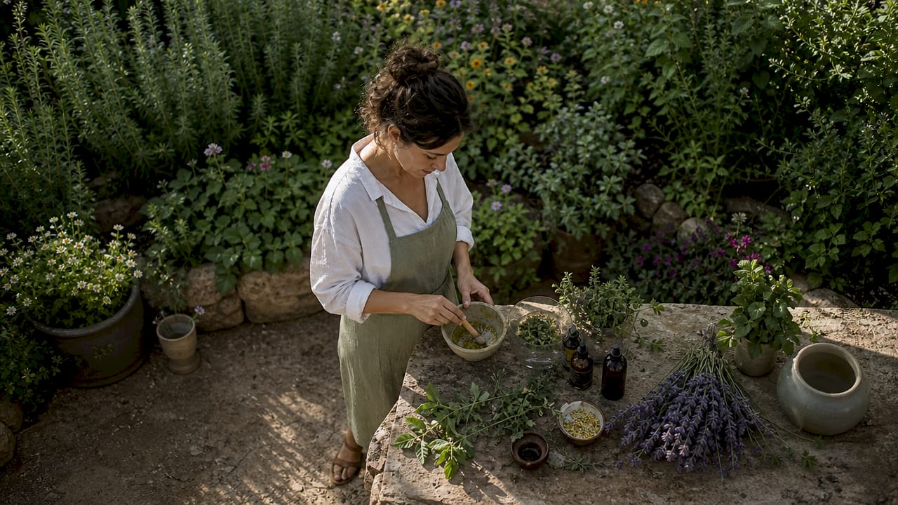 Artisan mixing natural skincare ingredients in workshop
