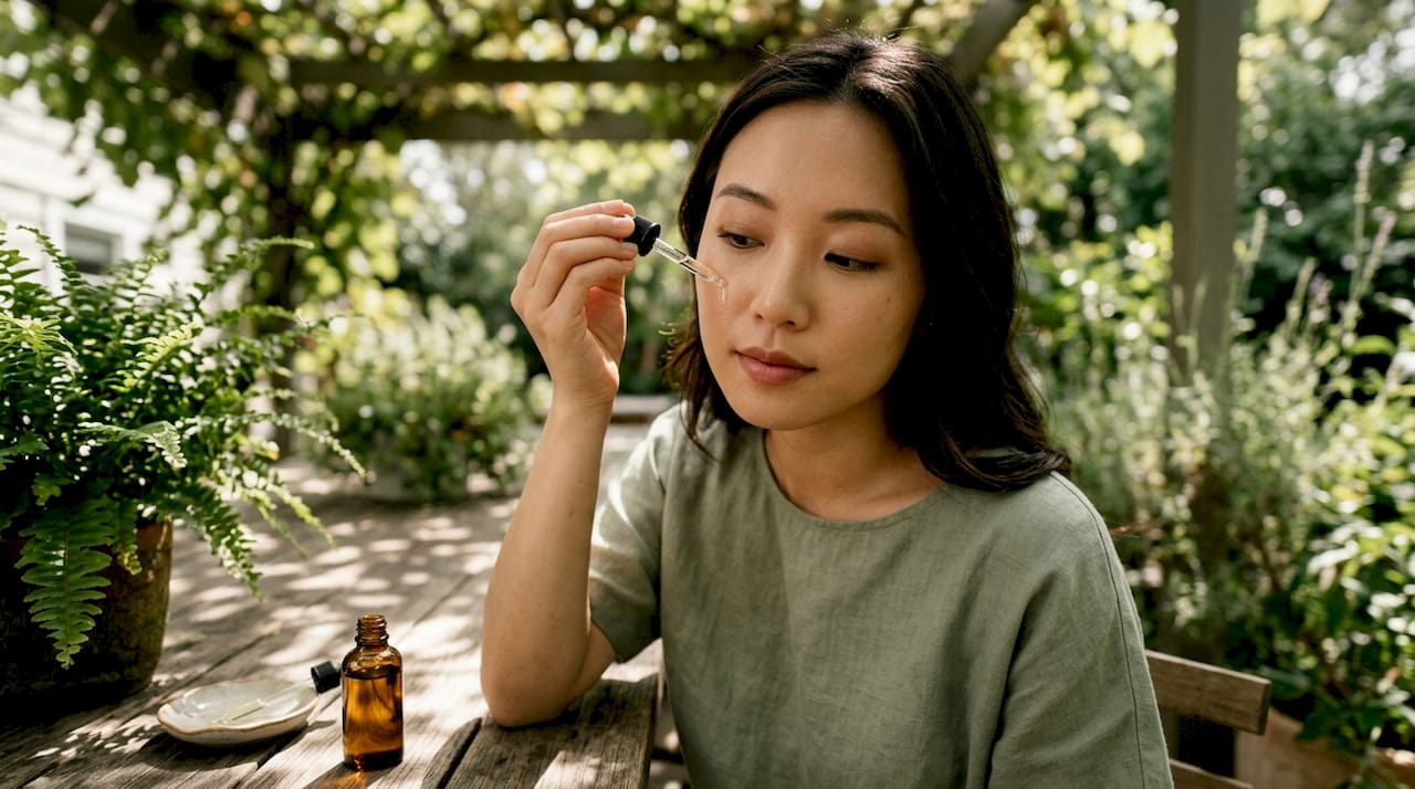 Woman applying facial oil in bathroom