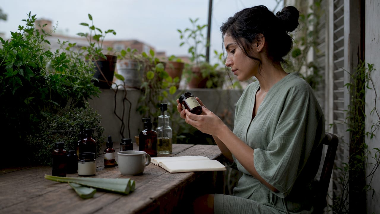 Woman reading natural skincare product label