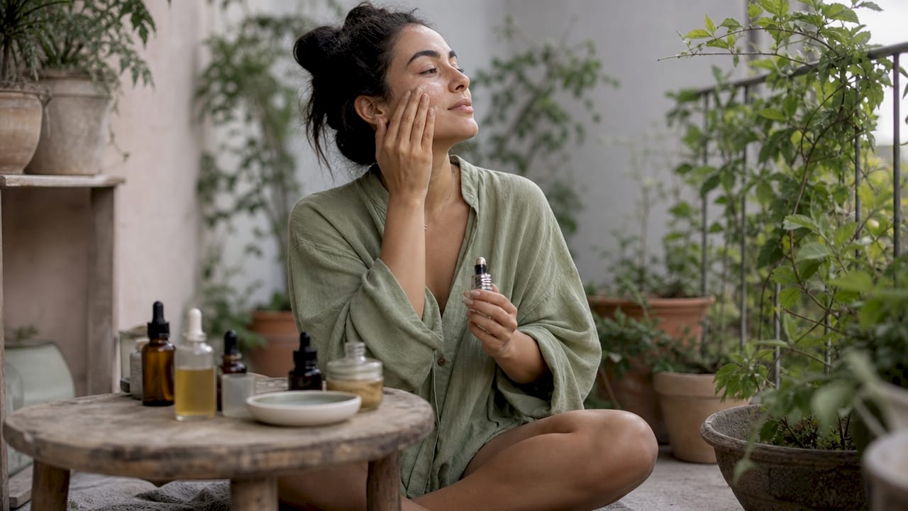 Woman applying natural facial serum at vanity