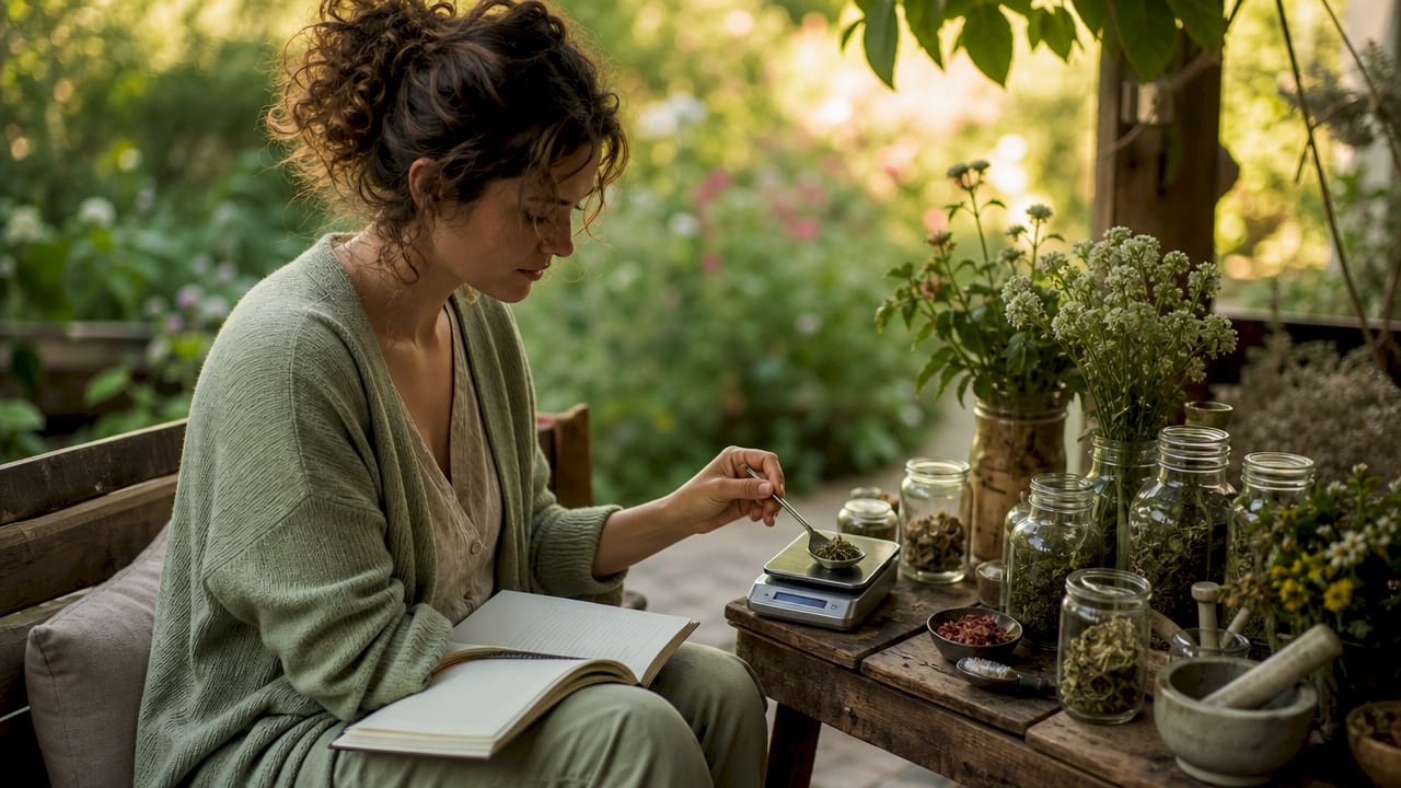 Woman weighing plant extracts in greenhouse