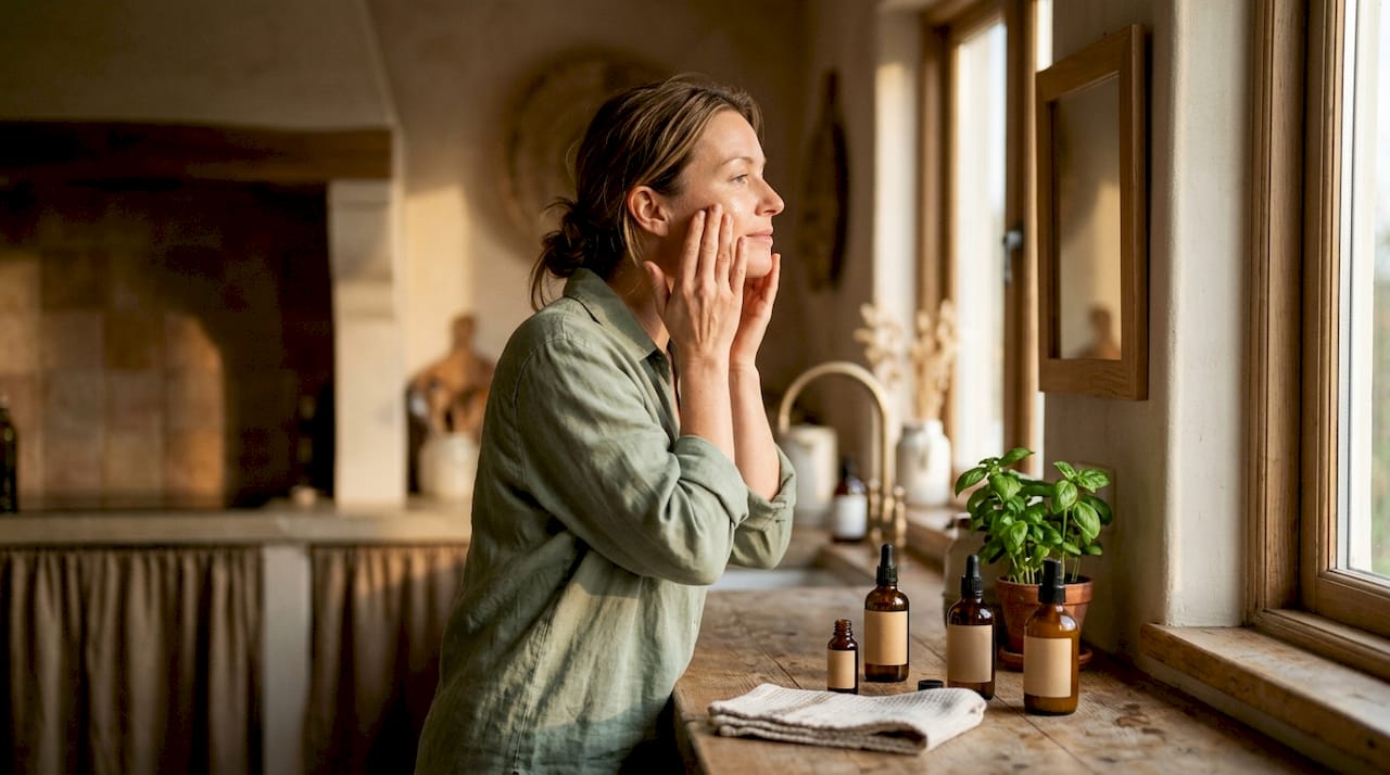 Woman applying skincare serum in bathroom