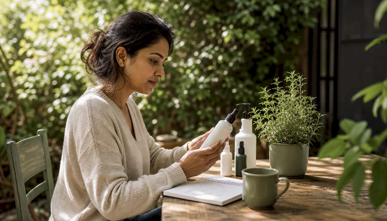 Woman reading skincare ingredient labels