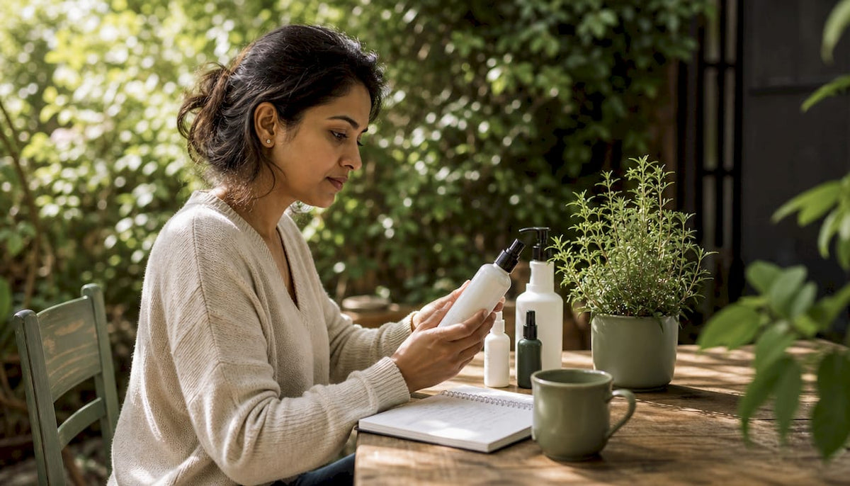 Woman reading skincare ingredient labels
