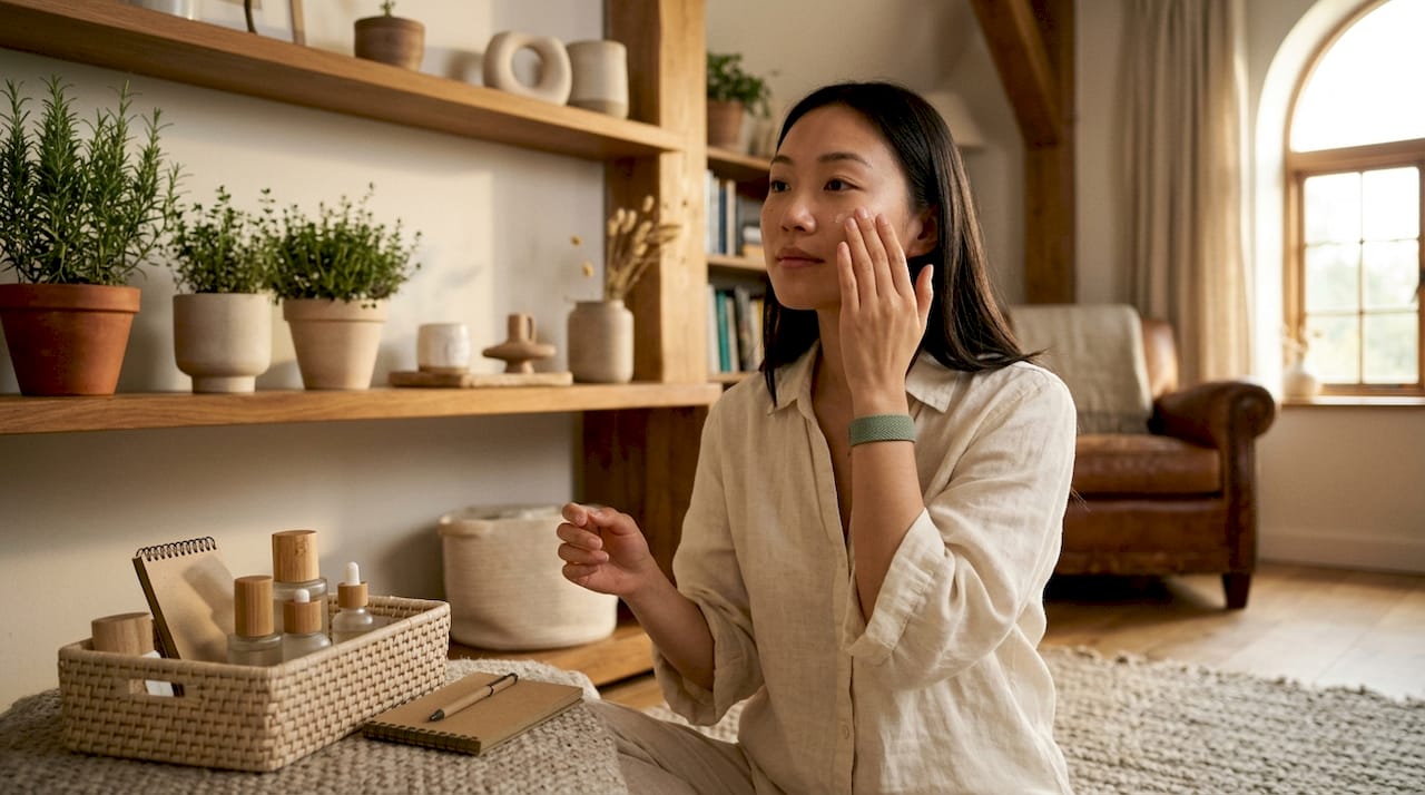 Woman applying moisturizer at home vanity