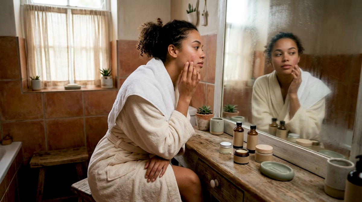 Woman examining sensitive skin in bathroom mirror