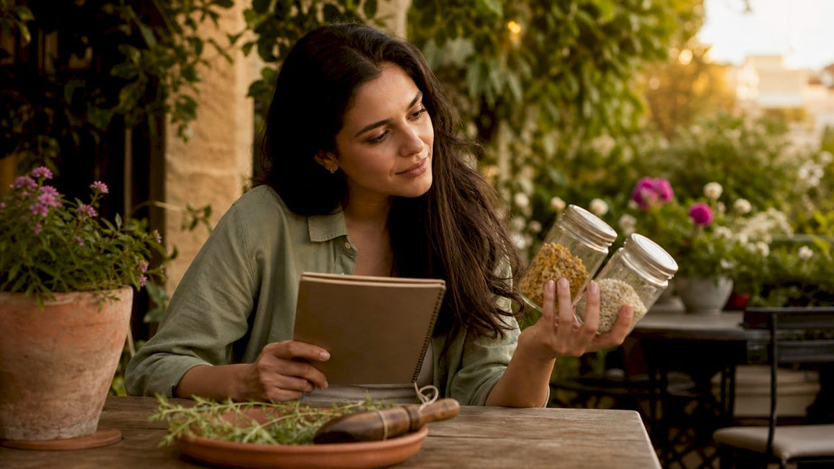Woman comparing natural and synthetic skincare ingredients