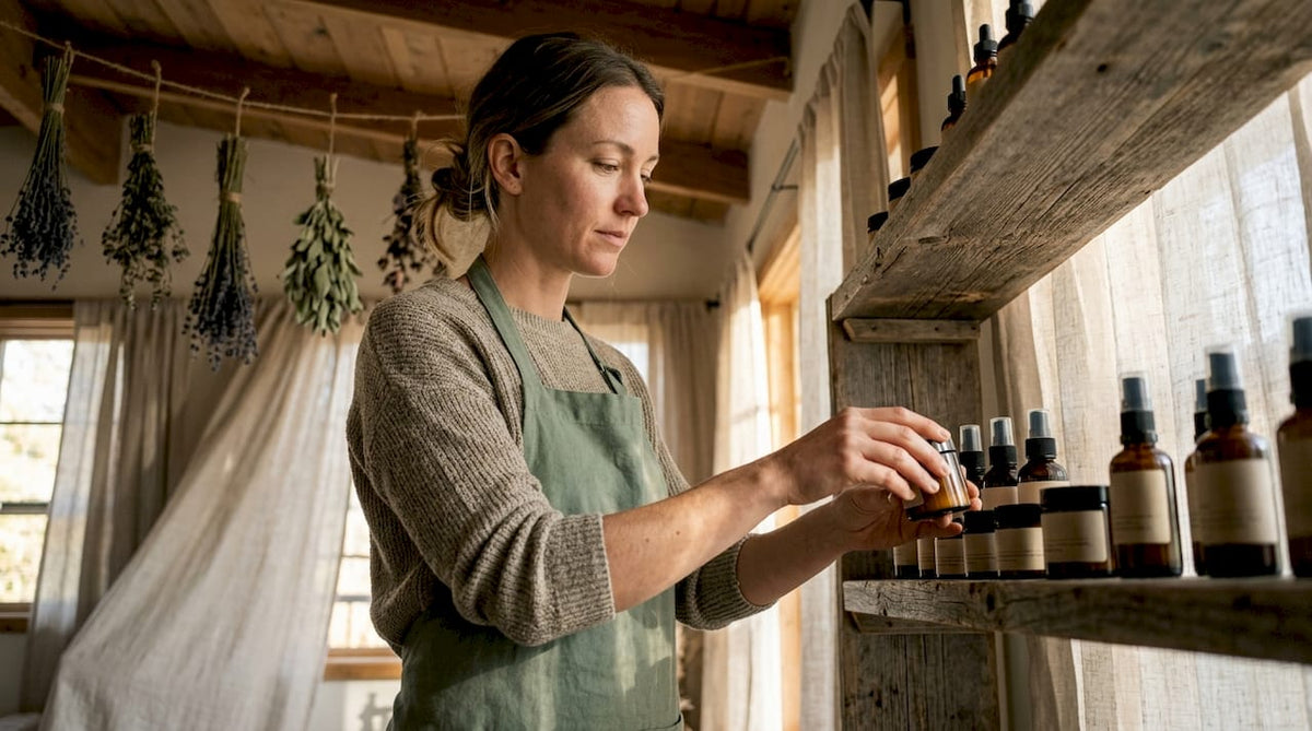 Skincare specialist arranging luxury natural beauty products on shelf
