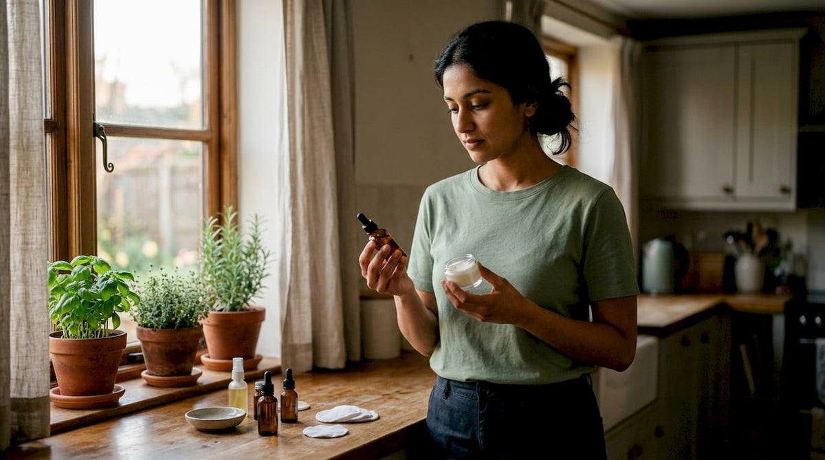 Woman comparing face oil and moisturizer in bathroom