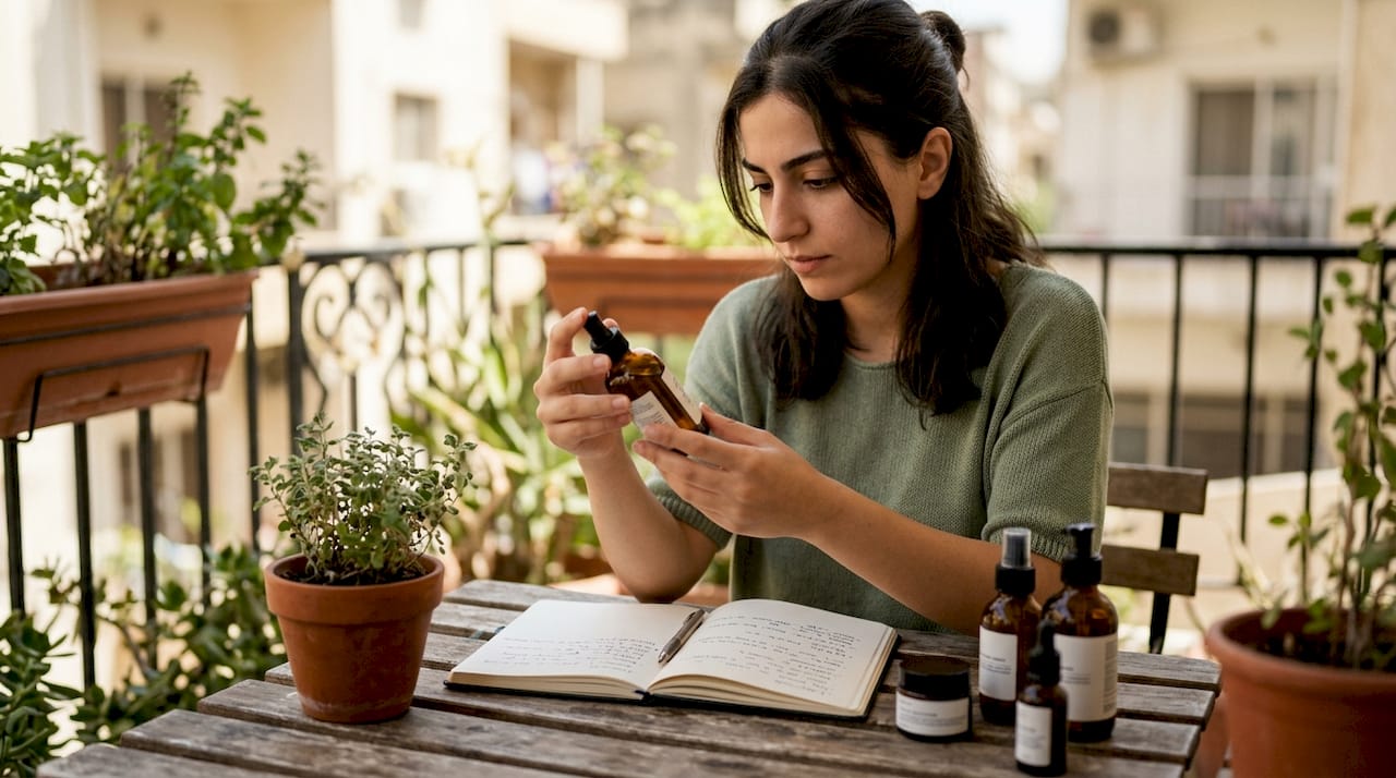 Woman examining natural cosmetics label at home table
