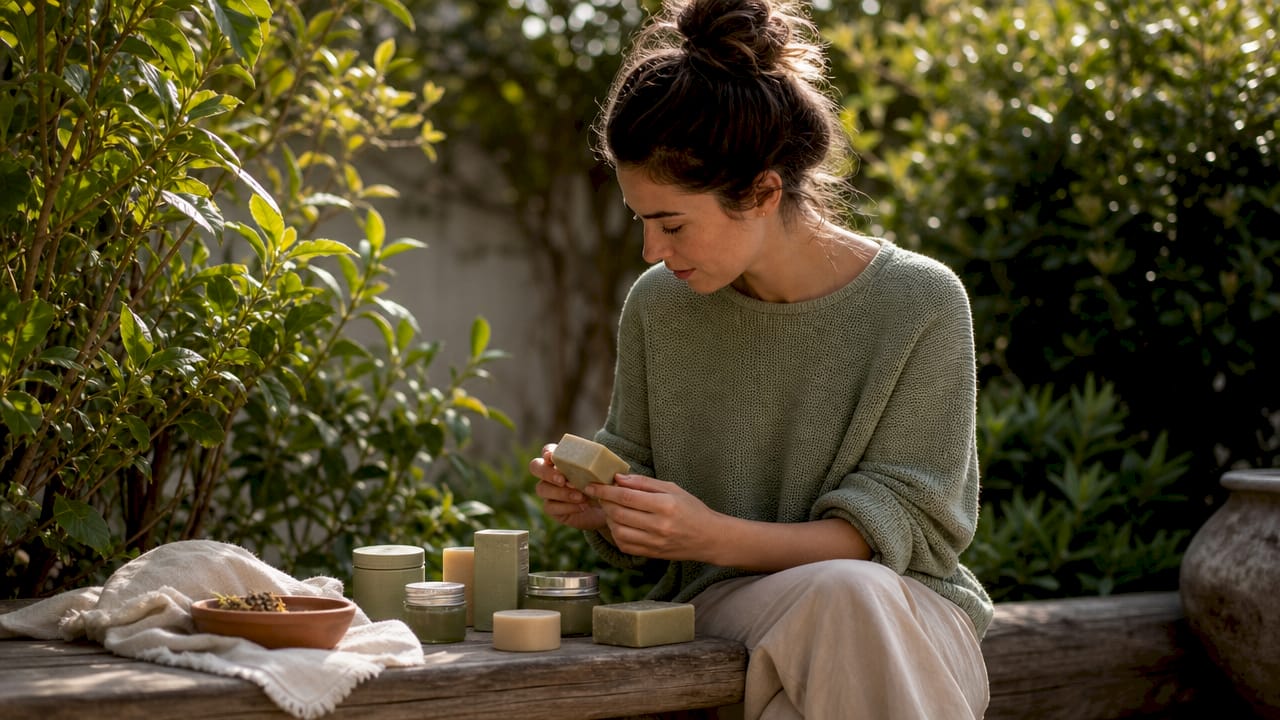 Woman examining plastic-free skincare products