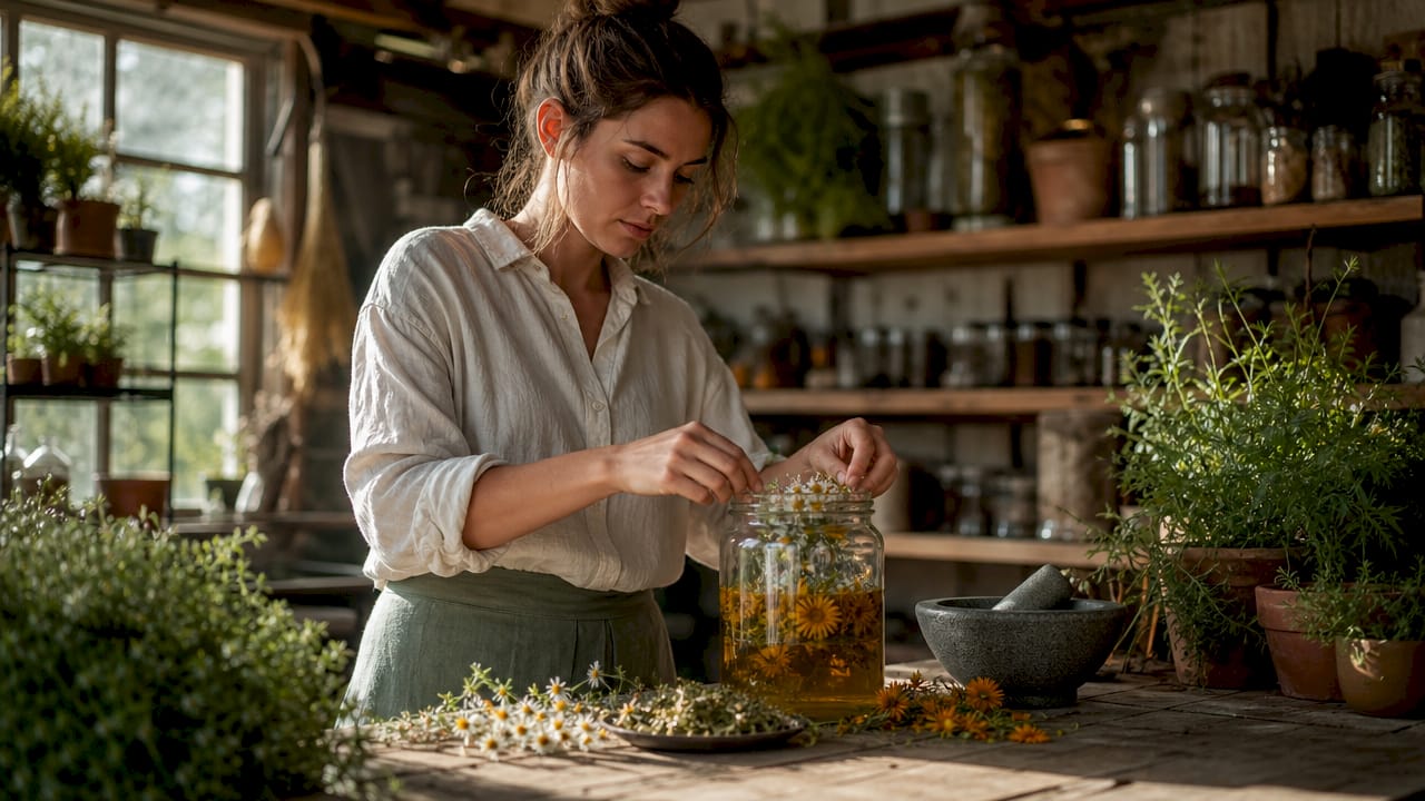 Woman preparing herb-infused skincare oil