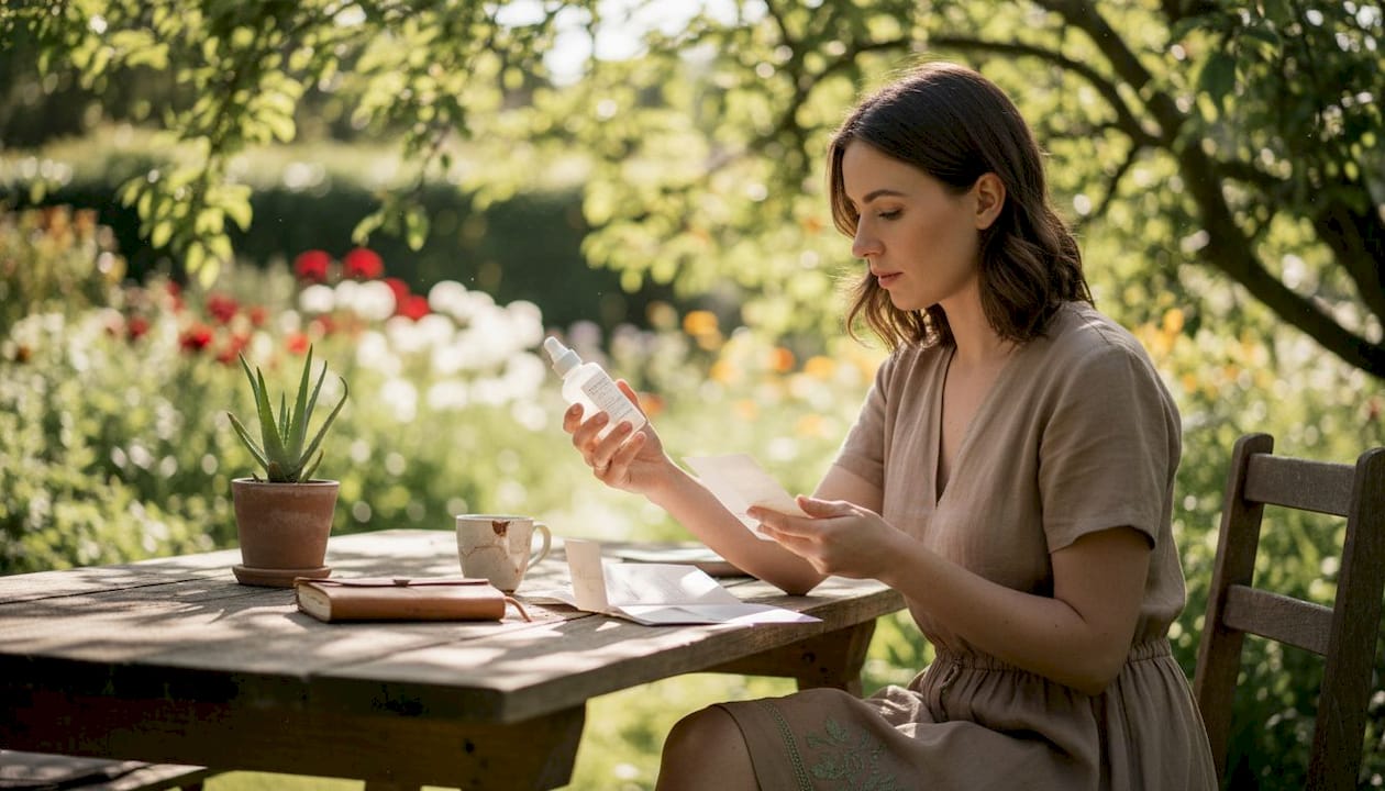 Woman comparing organic and natural skincare bottles