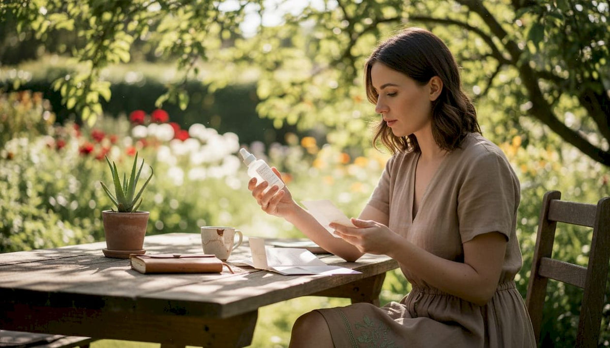 Woman comparing organic and natural skincare bottles