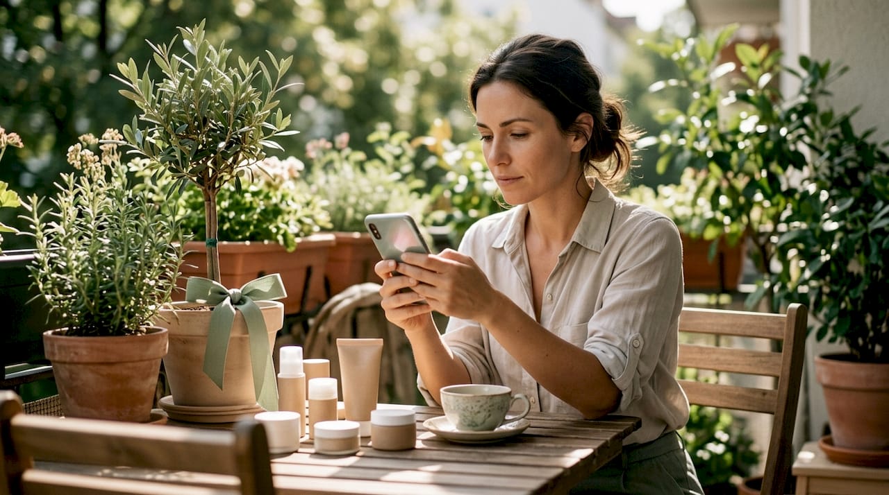 Woman checking palm-oil-free beauty products at home