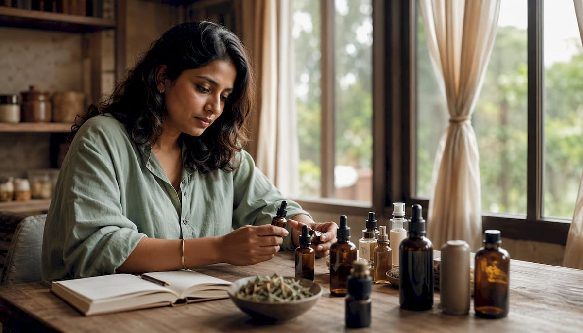 Woman comparing local and global skincare products