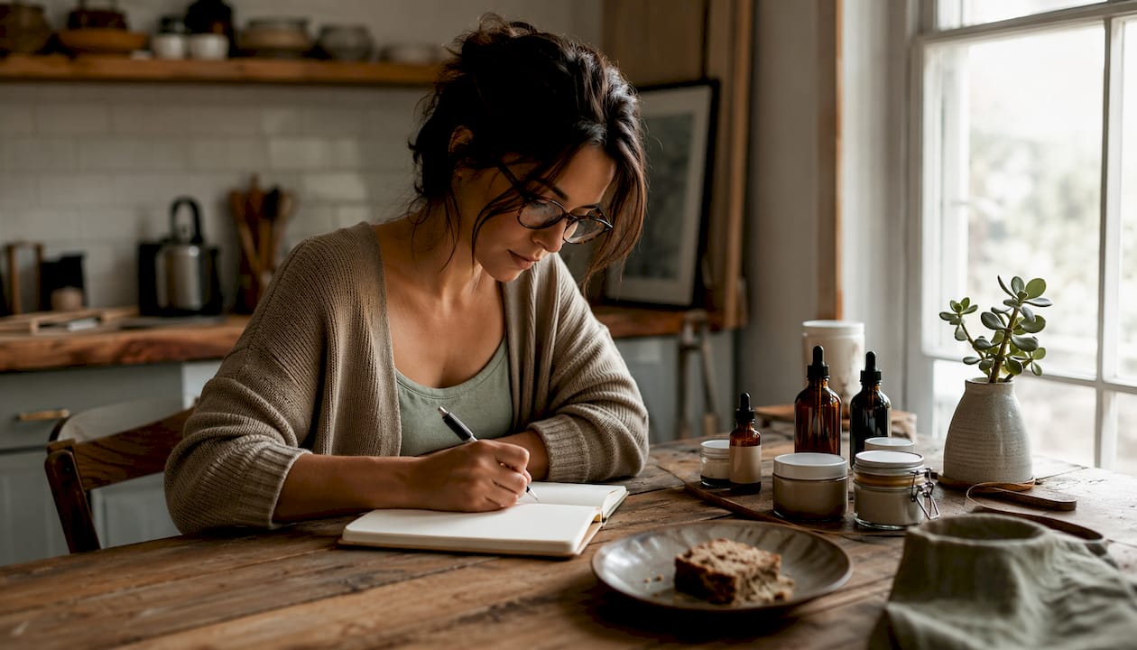 Woman researching natural skincare products at home