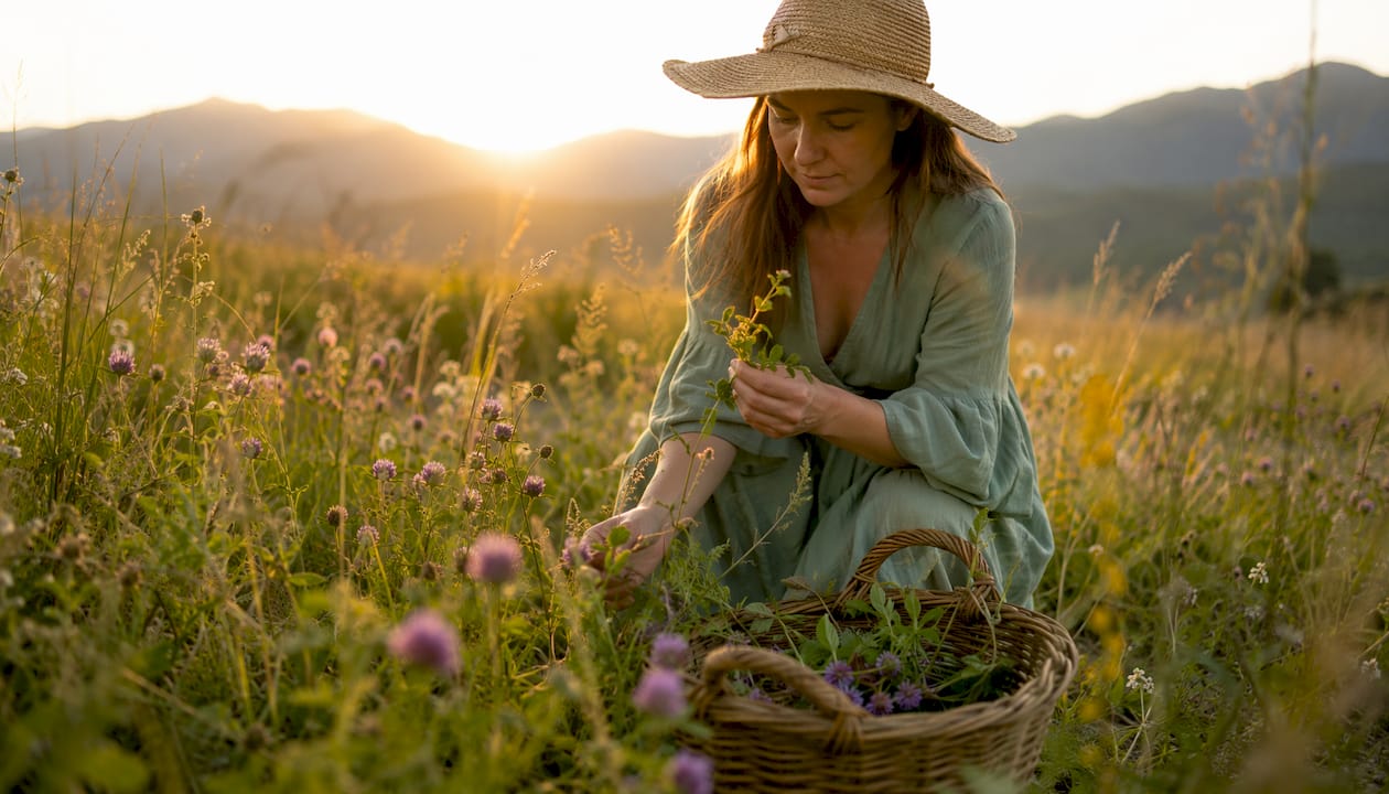 Woman wildcrafting plants in forest clearing