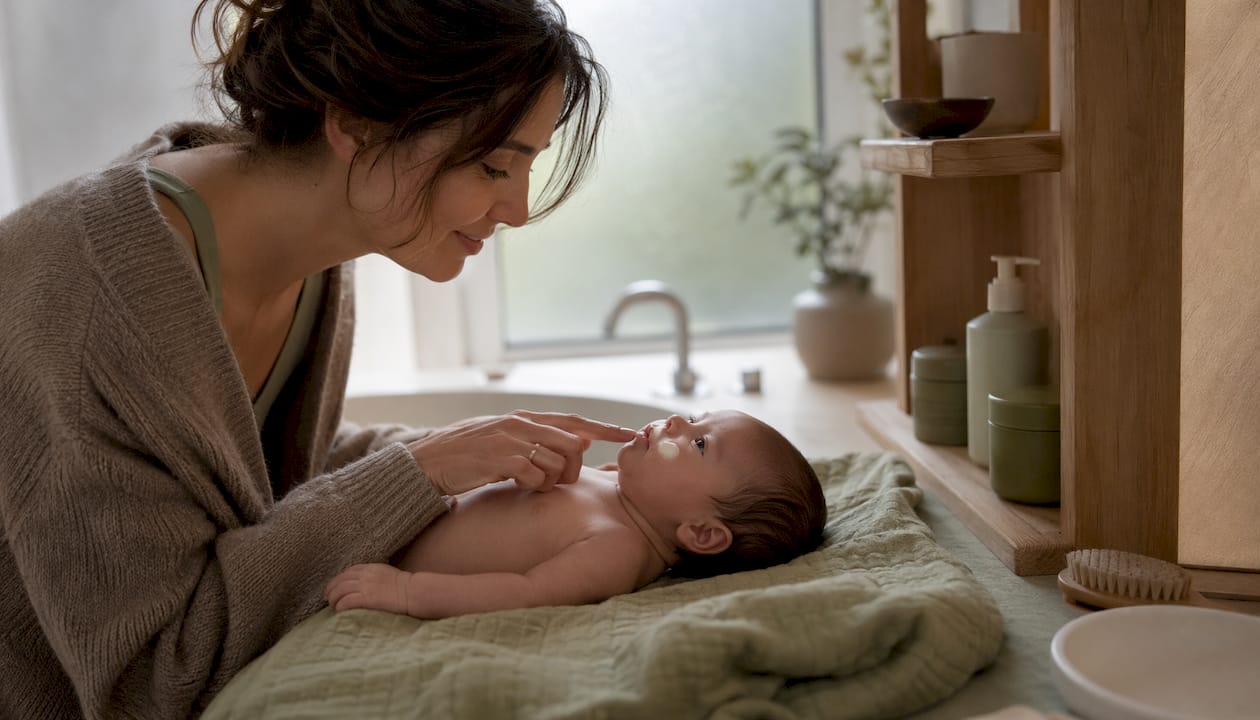 Mother applying cream to newborn baby’s cheek