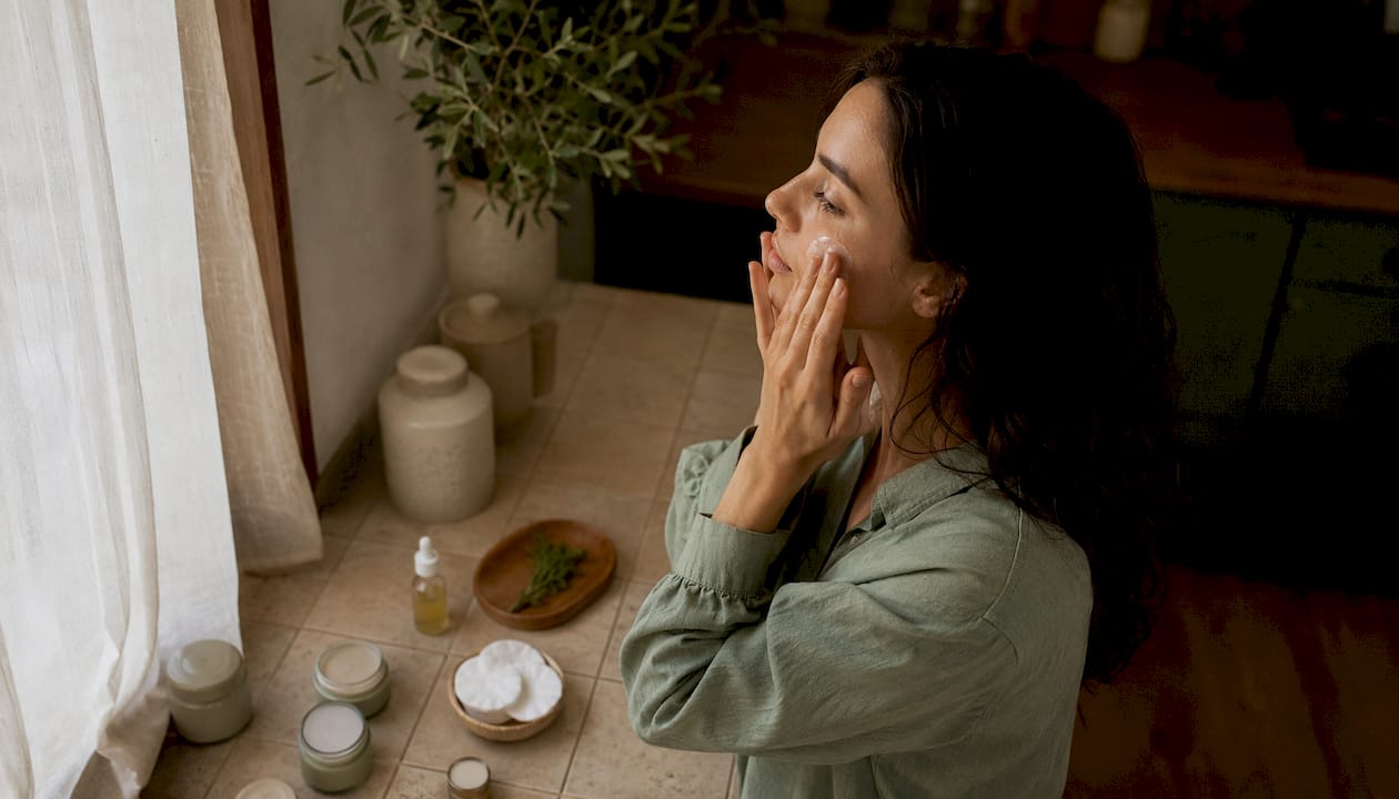 Woman applying serum in bathroom
