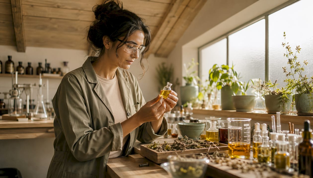 Cosmetic chemist holding jojoba oil vial in lab
