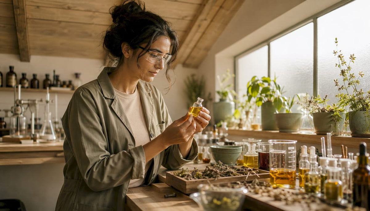Cosmetic chemist holding jojoba oil vial in lab