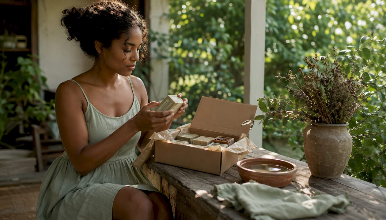 Woman unpacking natural soap bars at kitchen table
