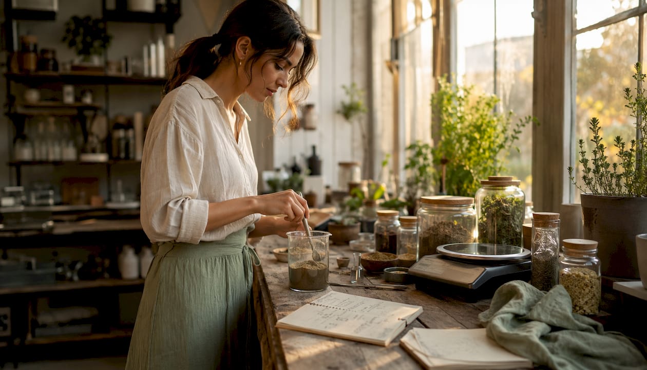 Cosmetic chemist mixing natural ingredients in lab