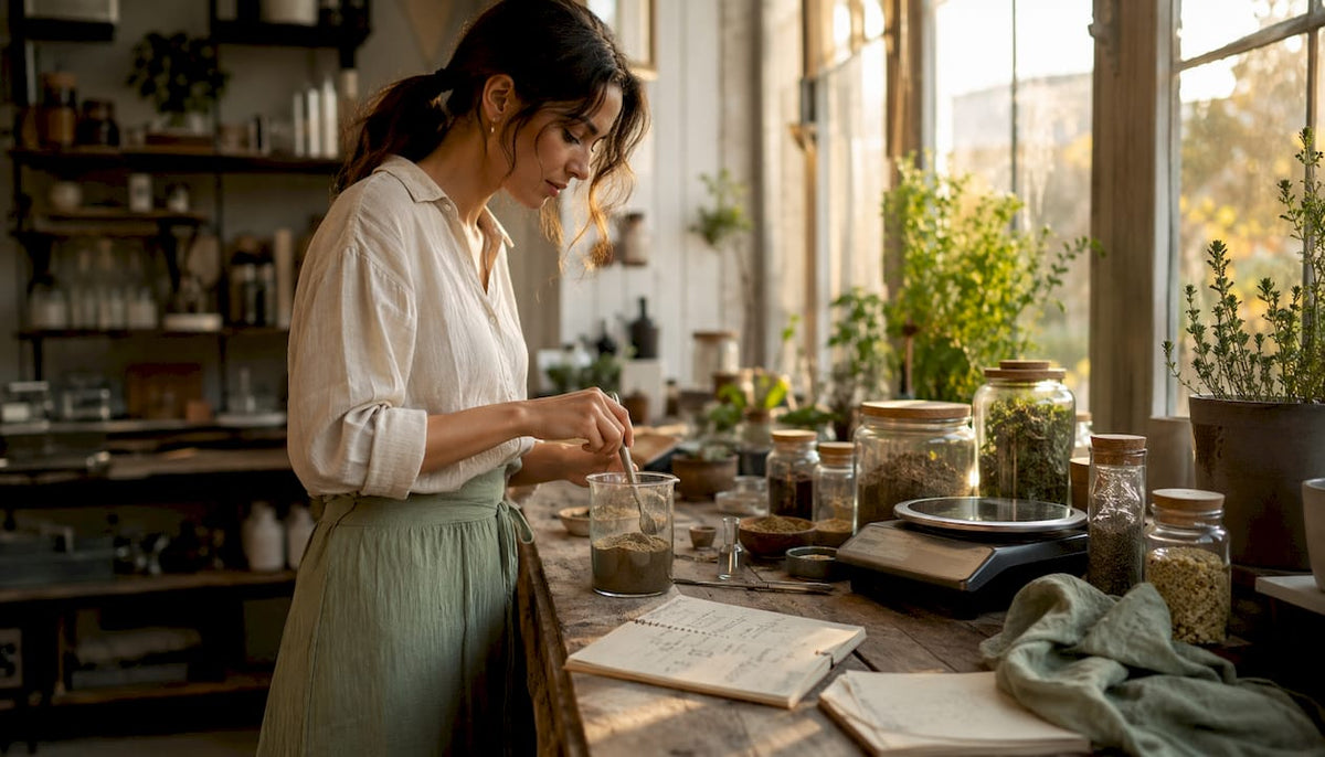 Cosmetic chemist mixing natural ingredients in lab