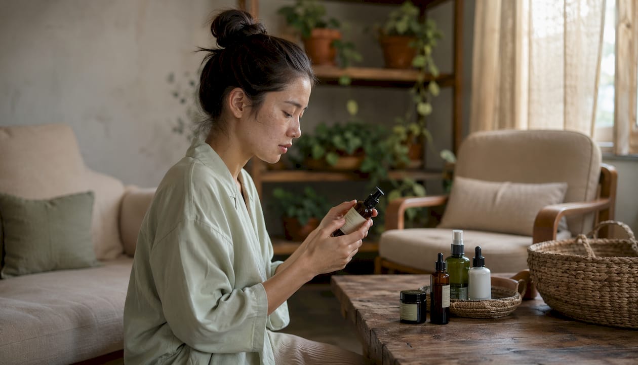 Woman reading skincare product labels cautiously