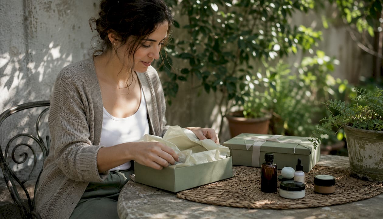 Woman unboxing curated beauty gift set at home