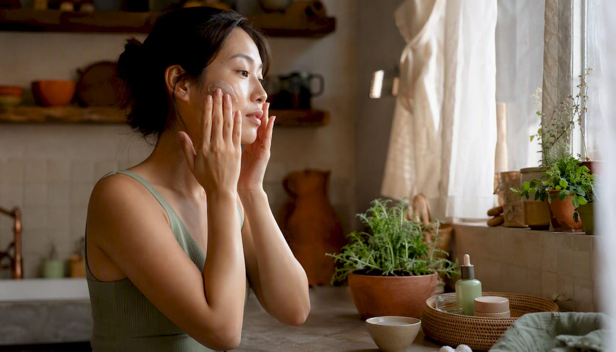 Woman applying moisturizer in bathroom