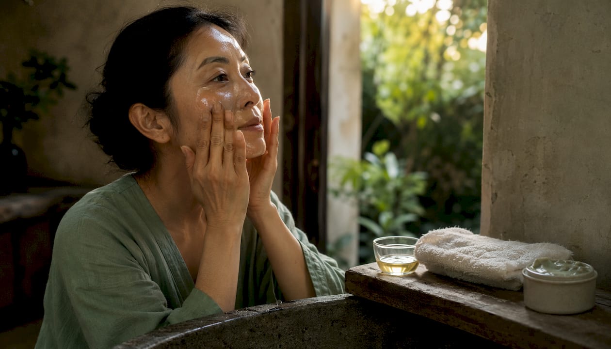 Woman applying oil cleanser in bathroom