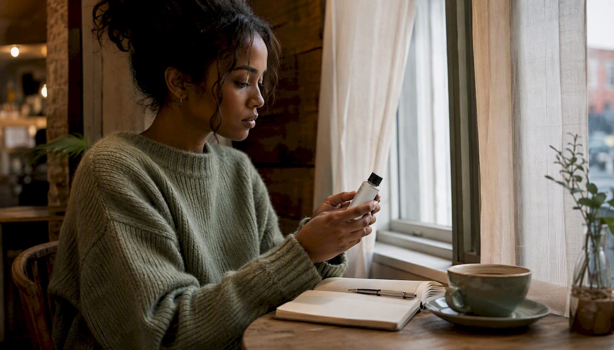 Woman reading skincare ingredient label