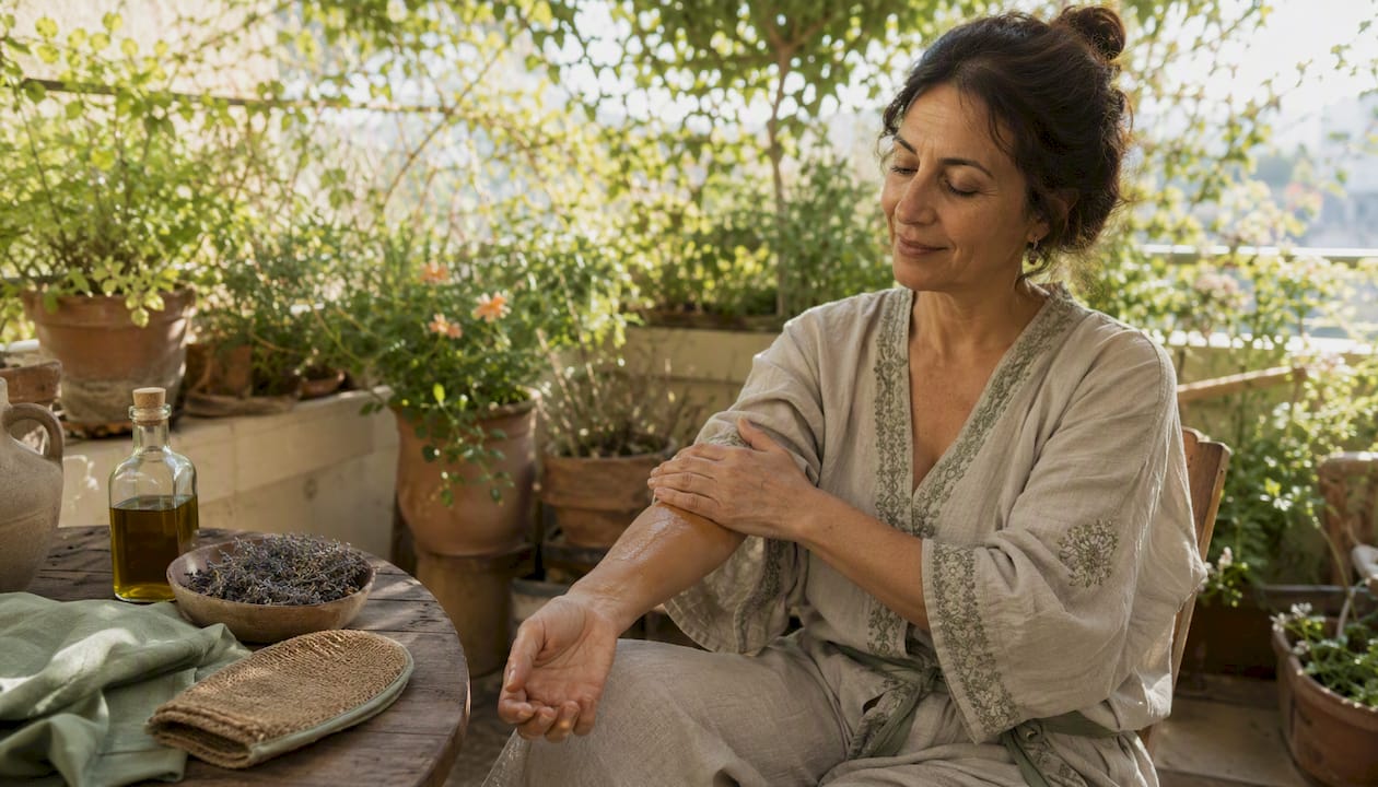 Lebanese woman applying olive oil in hammam room