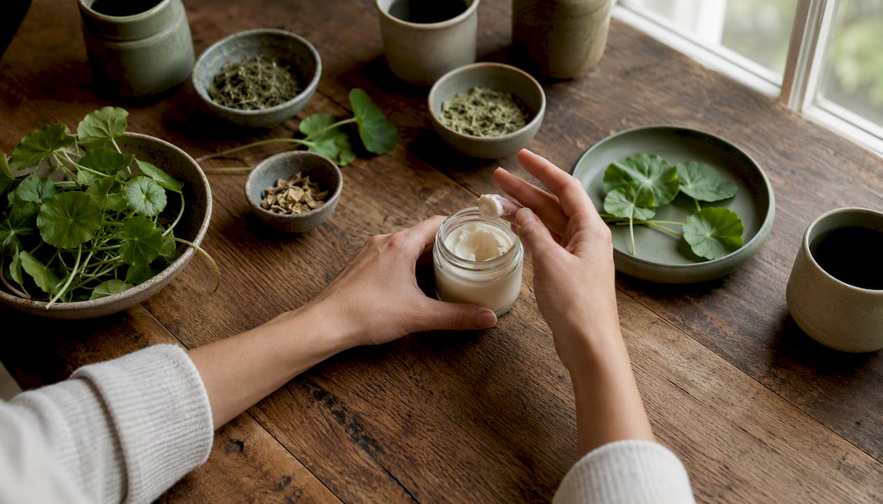 Hands scooping natural skincare cream with botanicals