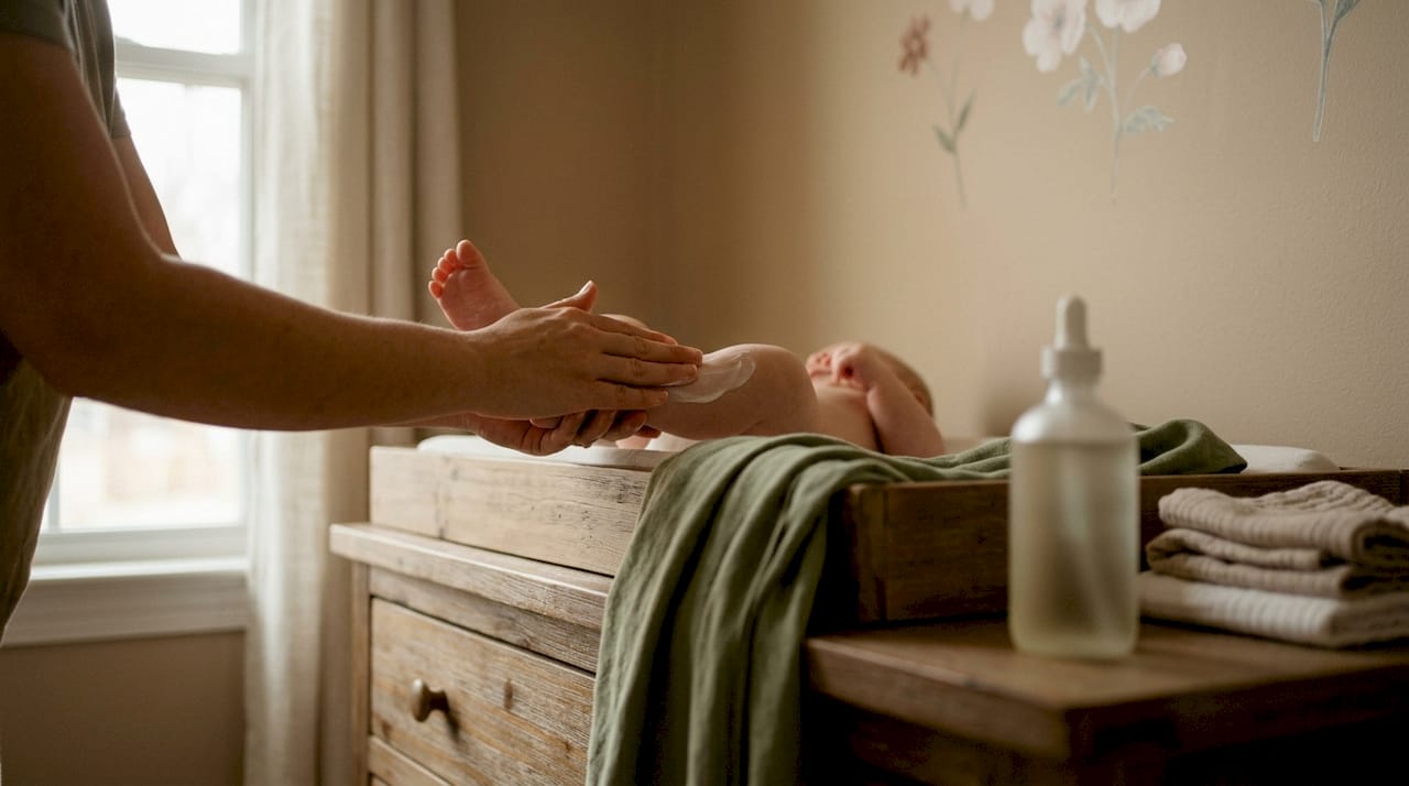 Hands applying lotion on baby's leg in nursery