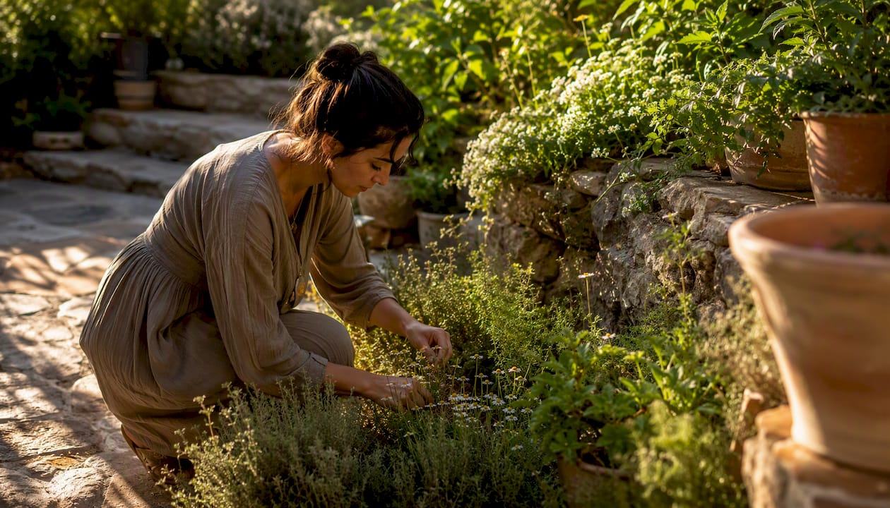 Hands gathering fresh local herbs
